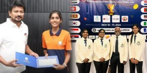 TN Deputy CM Udhayanidhi - World Carrom Champion M Khazima - (L-R) K Nagajothi -V Mithra - A Maria Irudayam - M Khazima